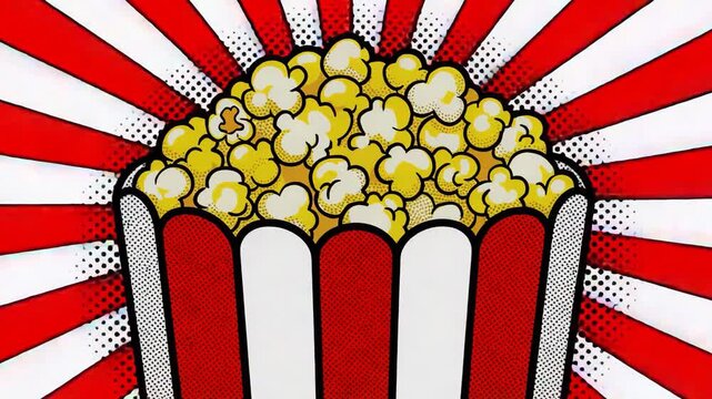 Pop art popcorn bucket illustration with bold comic rays and halftone texture. Cinema snack concept for movie night, Entertainment marketing, Festival posters. Pop Art Animation video.