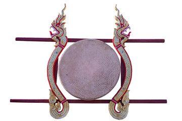 Vintage drum leather with two naga patterns hang on wood structure This name Sabad Chai drum it a Lanna instrument in northern Thailand