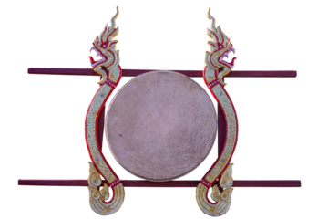 Vintage drum leather with two naga patterns hang on wood structure This name Sabad Chai drum it a Lanna instrument in northern Thailand