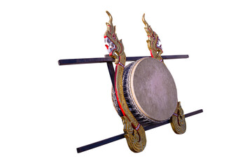 Vintage drum leather with two naga patterns hang on wood structure This name Sabad Chai drum it a Lanna instrument in northern Thailand
