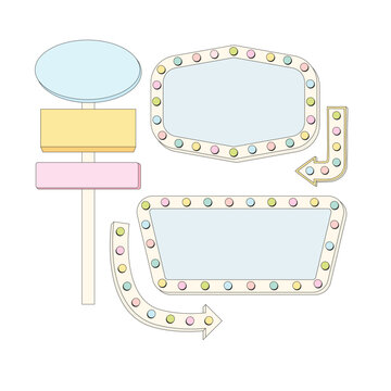 Retro pastel marquee sign collection with vintage arrows and frames