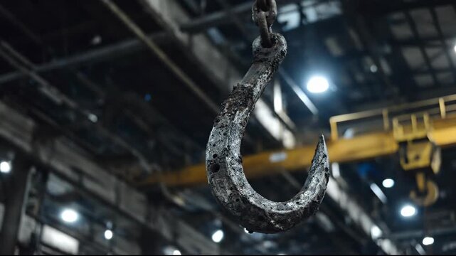 Close-up of a worn industrial hook hanging in a factory setting.