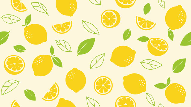 Fresh lemon fruit seamless pattern with yellow slices and leaves