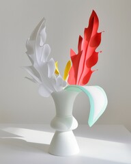 A tropical flower arrangement in a modern ceramic vase on neutral background, AI-generated.