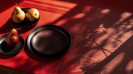 A moody still life of pears on dark plates with dramatic shadows, AI-generated.