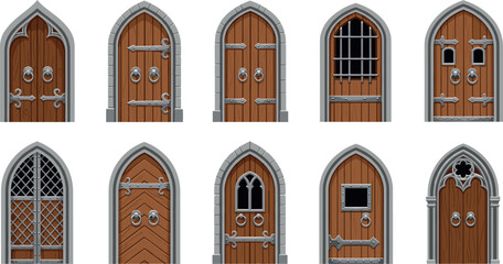 Medieval castle doors set with wooden gothic arched entries, stone frames, and iron hardware for game design © Firoz