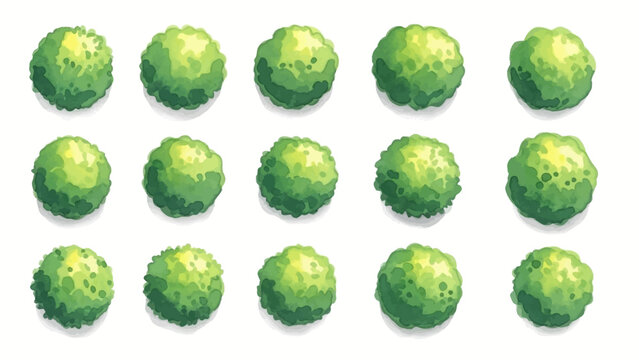 Watercolor tree icon set, yellow hand drawn bush top view, vector green architecture map design kit. Garden park abstract sign, nature environment plan landscape layout object. Flat tree top crown art