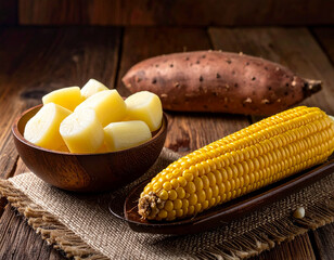 boiled corn and sweet potato, a traditional food dish