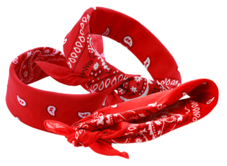 red paisley bandanas tied in a knot and arranged creatively, isolated on a transparent background, perfect for fashion or western themes.