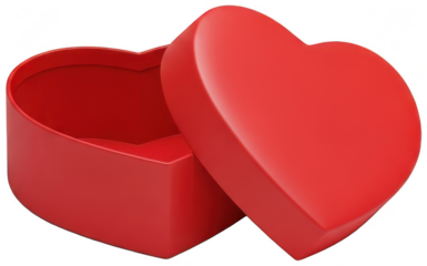 Empty red heart shaped gift box with open lid isolated