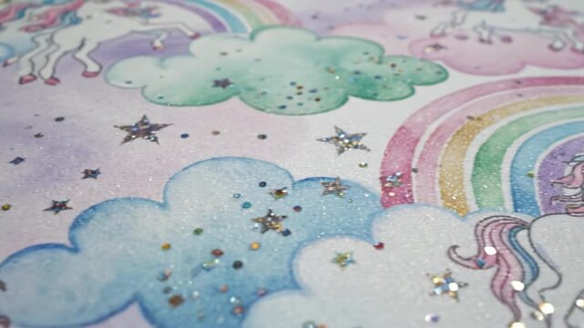 Sparkling pastel cloud rainbow illustration glitter texture star confetti watercolor paper whimsical pattern sparkling unicorn illustration with pastel cloud star confetti whimsical children art