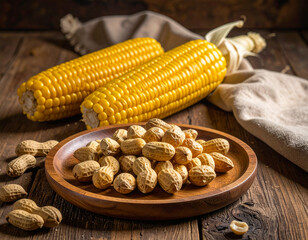 Boiled corn and boiled peanuts in wooden bowl.