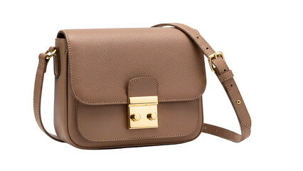 A shoulder bag with a rectangular flap, tan leather, and gold hardware against a dark background