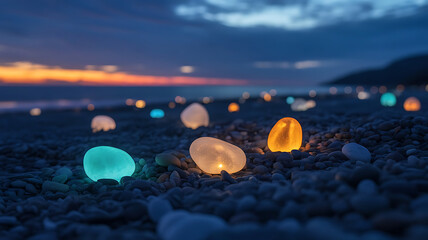 Glowing colorful stones on a beach at sunset transparent background