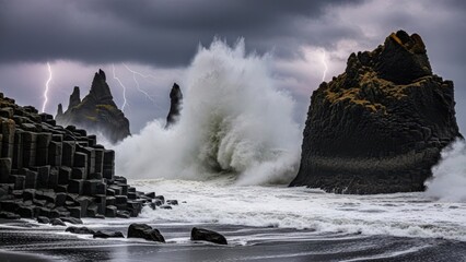 Stormy seas crashing against rocky cliffs