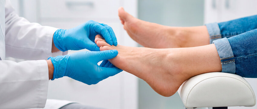 Podiatrist in blue gloves examining patient's foot in a medical clinic
