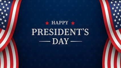A sophisticated design for Presidents' Day featuring stylized flag curtains and red and white vertical stripes on a textured blue background.
