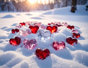 ハート型の小さな色とりどりのかわいい水晶がたくさん雪に埋もれている。