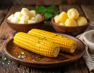 boiled corn and boiled cassava in a wooden bowl.