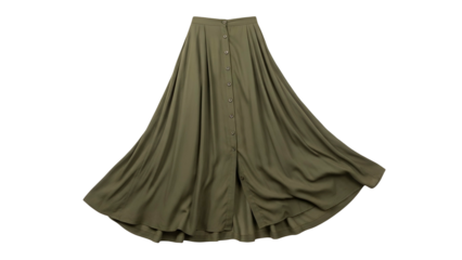 Long olive green skirt with button-down front, flowing fabric, and a dark background