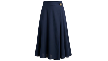 A flowing, navy-blue midi skirt with a single gold button detail at the waist