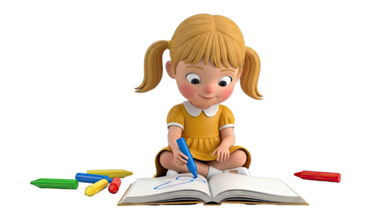 Cartoon Girl Drawing with Crayons