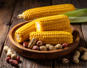 Boiled corn and boiled peanuts in wooden bowl.