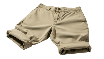 Khaki shorts with rolled cuffs, angled slightly, isolated on a transparent background