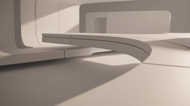 Minimalist curved concrete walkway interior corridor in modern architectural space with smooth neutral soft natural and ambient recessed lighting flowing lines gentle shadow contrast