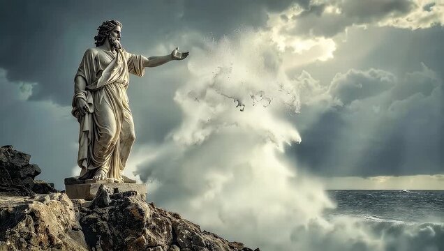Majestic Statue of Poseidon Overlooking the Stormy Sea with Dramatic Clouds.