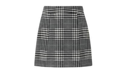 A grayscale plaid skirt with pleats, presented on a transparent background