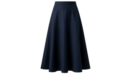 A navy blue, long, flowy skirt isolated against a black background
