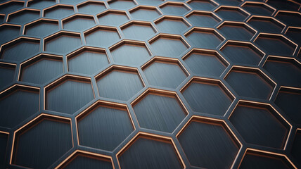 Hexagonal grid pattern with metallic texture and glowing orange outlines creating a futuristic background