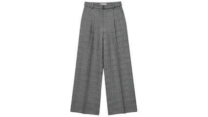 Gray, wide-leg trousers with a grid pattern, frontal view, isolated on black