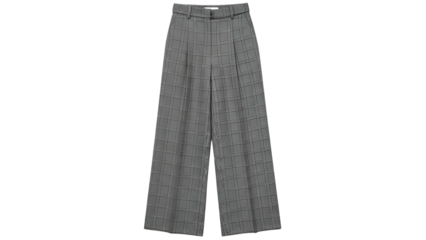 Gray, wide-leg trousers with a grid pattern, frontal view, isolated on black