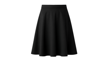 A solid black midi-length skirt with a flared, A-line silhouette, isolated on black