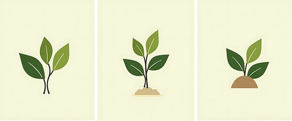 Minimalist triptych of isolated green sprouts showing young plant growth small saplings with leaves on stems simple flat design