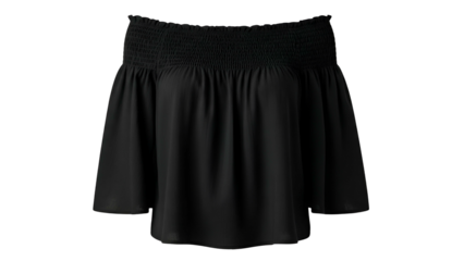 A stylish black off-the-shoulder blouse with shirred neckline and flared sleeves