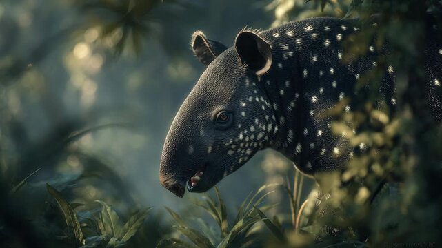 Spotted Tapir Wildlife Portrait in Lush Tropical Jungle