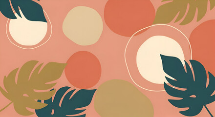 Modern tropical vibe with abstract leaves and circles in soft coral, beige and dark green for trendy designs and stylish backgrounds