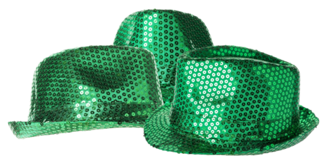 group of three green sequined hats, including a fedora and bowler style, sparkling brightly for festive occasions.