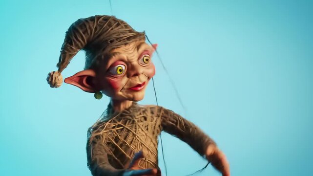 A Charming Puppet Elf with a Pointed Hat and Strings on a Blue Background.
