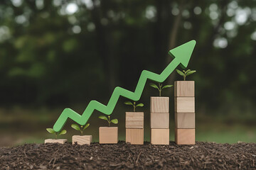 green arrow and plants on wooden blocks in soil transparent background