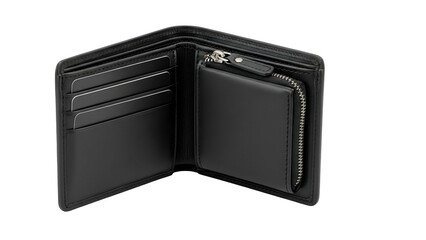 Open black leather bi-fold wallet revealing card slots, billfold, and a zip-around coin pouch