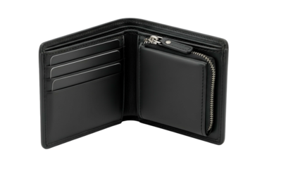 Open black leather bi-fold wallet revealing card slots, billfold, and a zip-around coin pouch