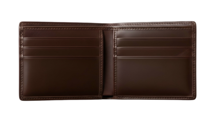 Open, flat, brown leather wallet showing card slots against a black backdrop