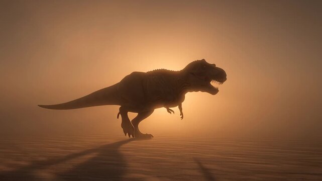 T Rex Dinosaur Silhouette Roaming at Sunset in Foggy Prehistoric Scene