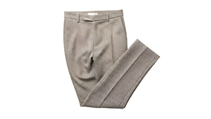 A pair of tailored gray trousers are displayed on a clean black background