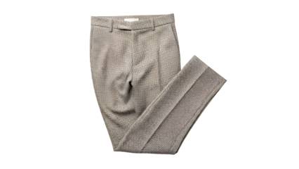 A pair of tailored gray trousers are displayed on a clean black background