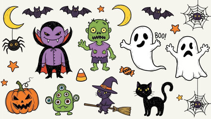 Obraz premium Kids Halloween scribble, cartoon spooky holiday cute doodle set, childish naive scary monsters print. Hand drawn vector autumn creepy October celebration character, vampire, zombie. Kids Halloween art